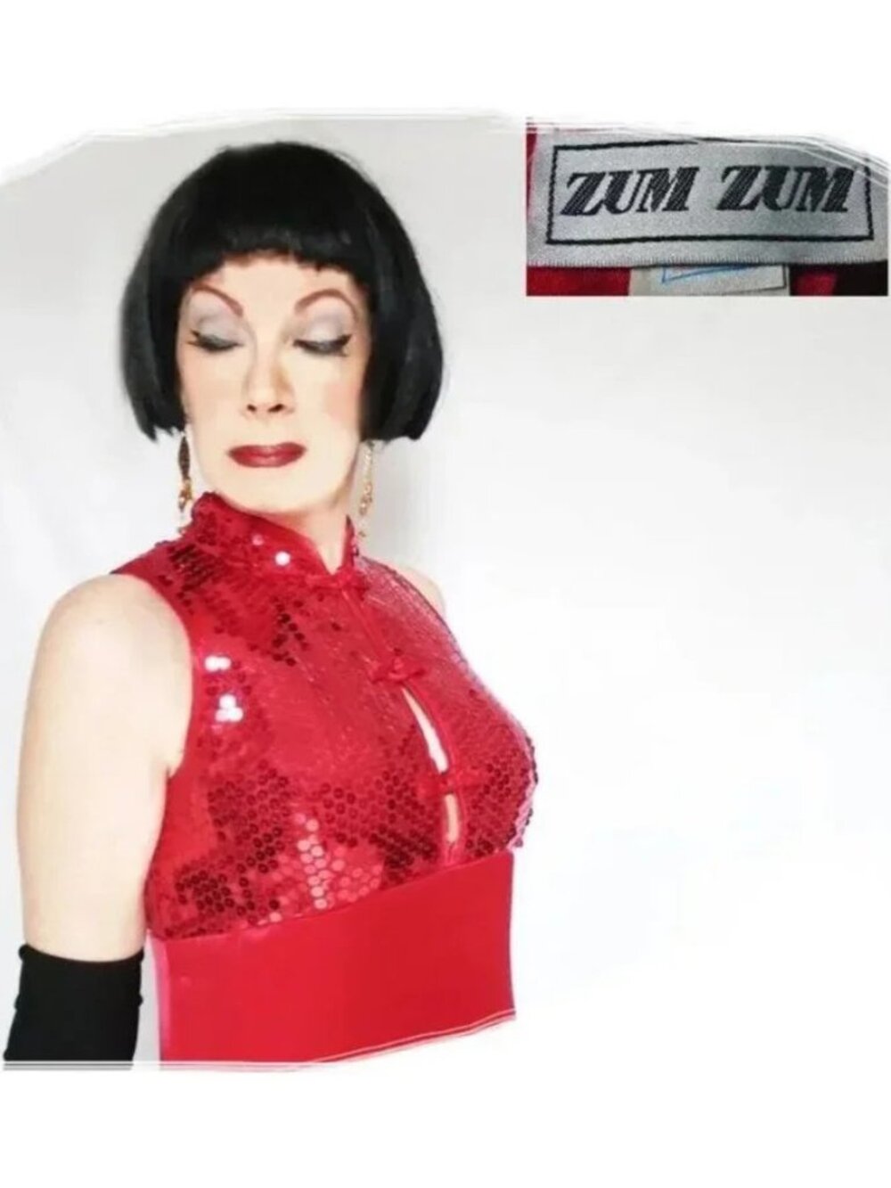 Red Satin Cheongsam Gown With Sequins Sassy Sexy Vintage ZumZum - Picture 6 of 8